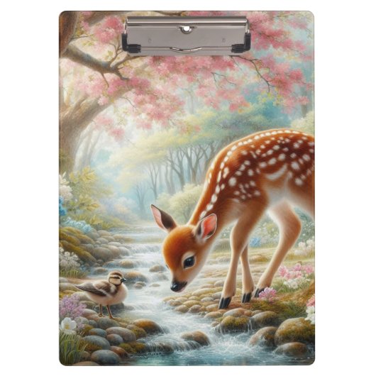 Frühlingswälder mit Ente und Fawn/Reh Klemmbrett (Vorderseite)