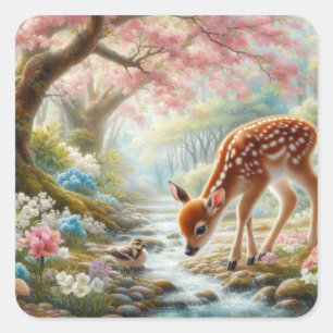 Frühlingswälder mit Ente und Fawn/Reh Quadratischer Aufkleber