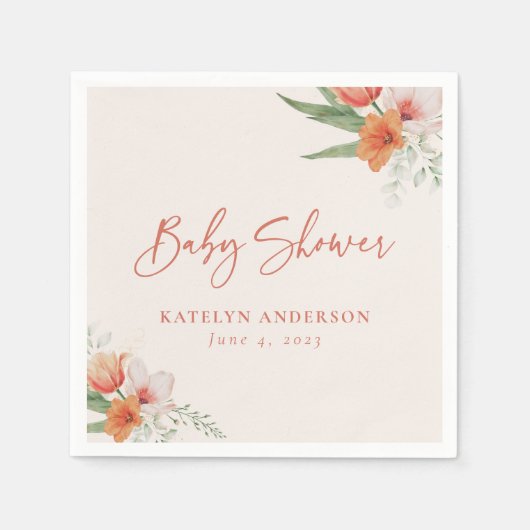 Frühlingswasserfarbe Peach Floral Girl Babydusche Serviette (Vorderseite)