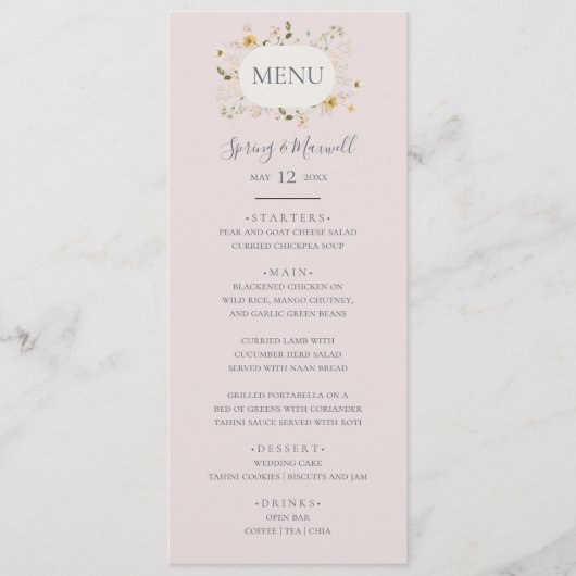 FrühlingsWildblume | Blush Wedding Dinner Menu Menükarte (Vorderseite)
