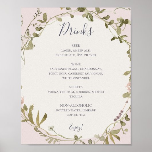 FrühlingsWildblume | Blush Wedding Drinks Menu Pos Poster (Vorne)