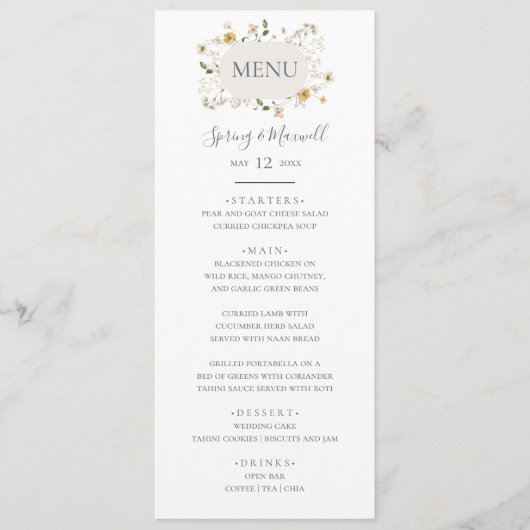 FrühlingsWildblume | White Wedding Dinner Menu Menükarte (Vorderseite)