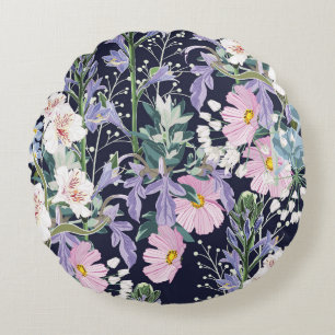 Frühlingswildblumen: Dunkelblaue Vintage. Rundes Kissen