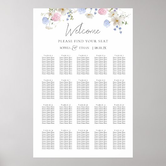 Frühlingswildblumen Lila Hochzeits-Sitzplan Poster (Vorne)