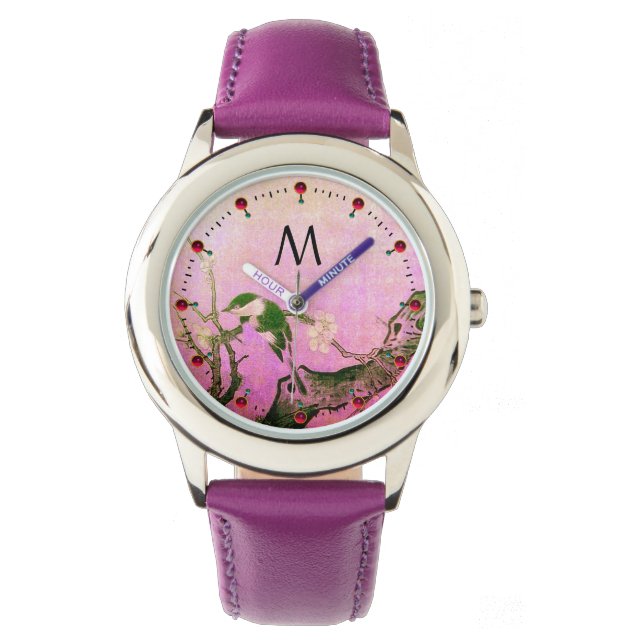FRÜHSTÜCK, BLUME-BAUM, Schwarz-Rosa-Monogramm Armbanduhr (Vorderseite)