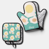 Frühstück Eier Koch Küche Ofenhandschuh & Topflappen-Set (Vorderseite/Rückseite)