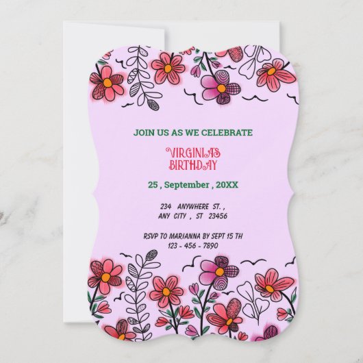 FRÜHSTÜCK EINZIGARTIGE ROTE DOODLE BLUME GEBURTSTA EINLADUNG (Vorderseite)