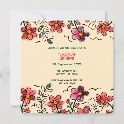 FRÜHSTÜCK EINZIGARTIGE ROTE DOODLE BLUME GEBURTSTA EINLADUNG (Vorderseite)