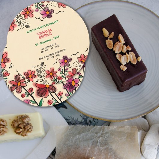 FRÜHSTÜCK EINZIGARTIGE ROTE DOODLE BLUME GEBURTSTA EINLADUNG