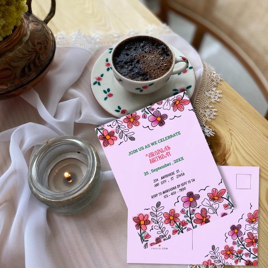 FRÜHSTÜCK EINZIGARTIGE ROTE DOODLE BLUME GEBURTSTA EINLADUNGSPOSTKARTE