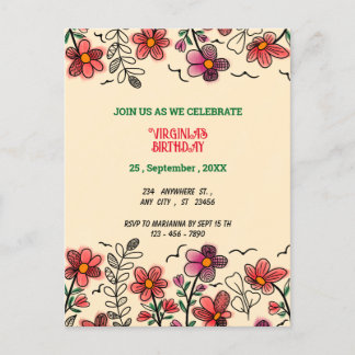 FRÜHSTÜCK EINZIGARTIGE ROTE DOODLE BLUME GEBURTSTA EINLADUNGSPOSTKARTE