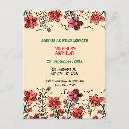 FRÜHSTÜCK EINZIGARTIGE ROTE DOODLE BLUME GEBURTSTA EINLADUNGSPOSTKARTE