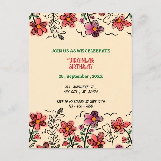 FRÜHSTÜCK EINZIGARTIGE ROTE DOODLE BLUME GEBURTSTA EINLADUNGSPOSTKARTE (Vorderseite)