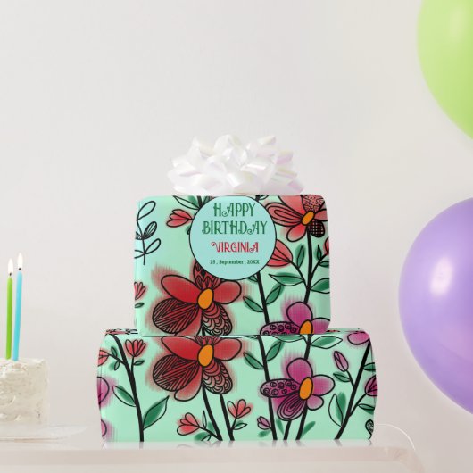 FRÜHSTÜCK EINZIGARTIGE ROTE DOODLE BLUME GEBURTSTA GESCHENKPAPIER (Partygeschenke)