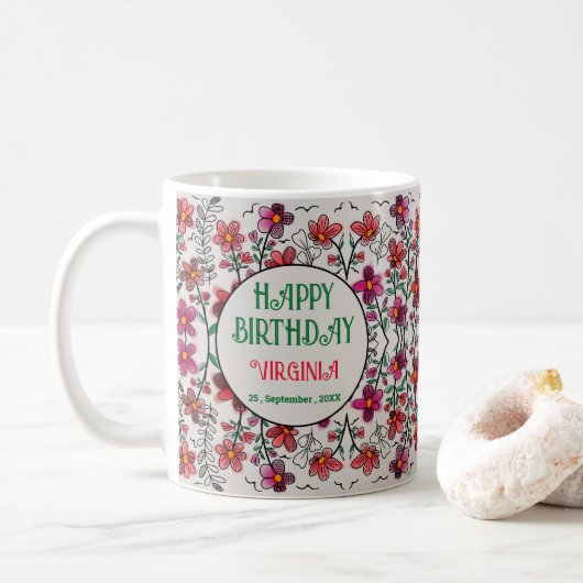 FRÜHSTÜCK EINZIGARTIGE ROTE DOODLE BLUME GEBURTSTA KAFFEETASSE (Mit Donut)