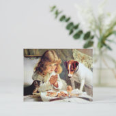 Frühstück im Bett: Mädchen, Terrier und Kitty Cat Postkarte (Stehend Vorderseite)