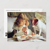 Frühstück im Bett: Mädchen, Terrier und Kitty Cat Postkarte (Vorne/Hinten)