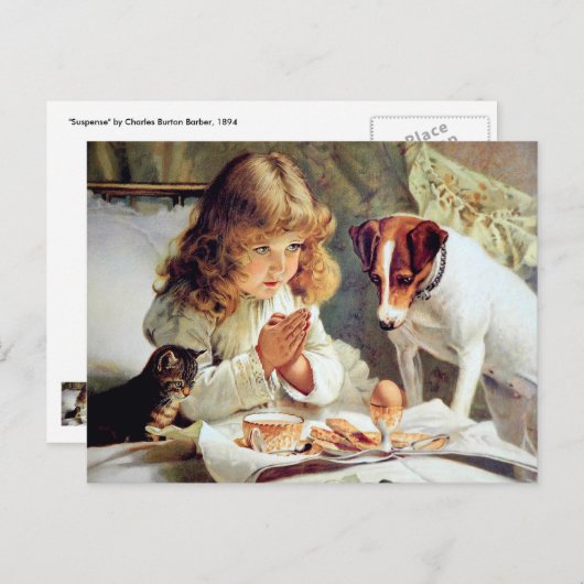 Frühstück im Bett: Mädchen, Terrier und Kitty Cat Postkarte (Vorne/Hinten)