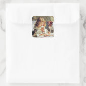 Frühstück im Bett: Mädchen, Terrier und Kitty Cat Quadratischer Aufkleber (Tasche)