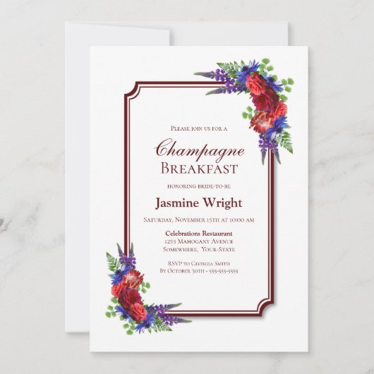 Frühstück mit burgundy und Blue Floral Champagne Einladung (Vorderseite)