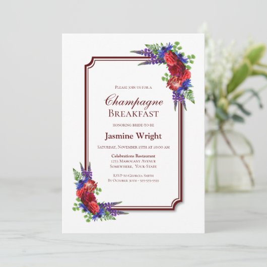 Frühstück mit burgundy und Blue Floral Champagne Einladung (Stehend Vorderseite)