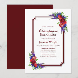 Frühstück mit burgundy und Blue Floral Champagne Einladung