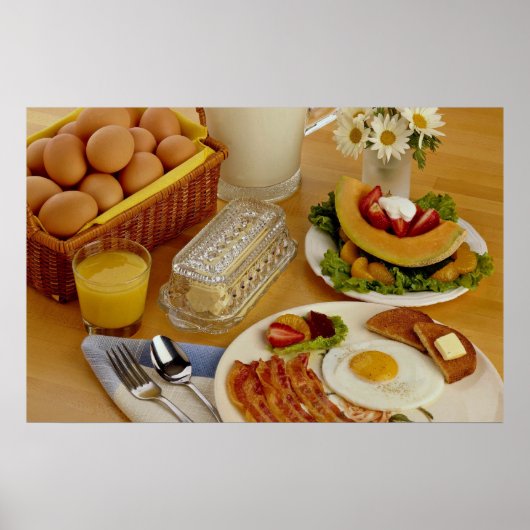 Frühstück mit Speck, Eiern und Krug aus Milch Poster (Vorne)