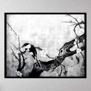 FRÜHSTÜCK UND BLUME BAUM Schwarz-weiß grau Poster
