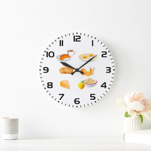 Frühstücksnahrung Kaffee, Croissant, Eier, Bagels Große Wanduhr