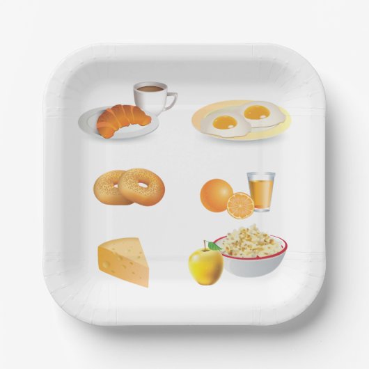 Frühstücksnahrung Kaffee, Croissant, Eier, Bagels Pappteller (Vorderseite)