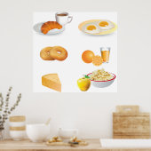 Frühstücksnahrung Kaffee, Croissant, Eier, Bagels Poster (Küche)