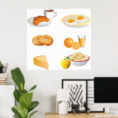 Frühstücksnahrung Kaffee, Croissant, Eier, Bagels Poster (Heimbüro)