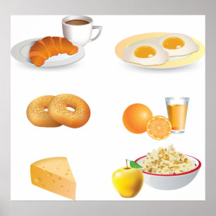 Frühstücksnahrung Kaffee, Croissant, Eier, Bagels Poster