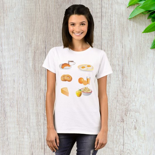 Frühstücksnahrung Kaffee, Croissant, Eier, Bagels T-Shirt