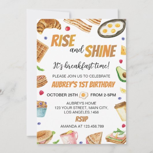 Frühstückszeit steigt und Brunch Geburtstag Einladung (Vorderseite)