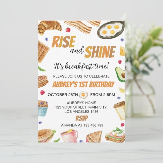 Frühstückszeit steigt und Brunch Geburtstag Einladung (Stehend Vorderseite)