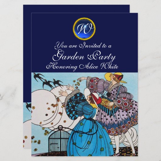 FRÜHVÖGEL PARTY, SAPPHIRE GEM MONOGRAM EINLADUNG (Vorne/Hinten)