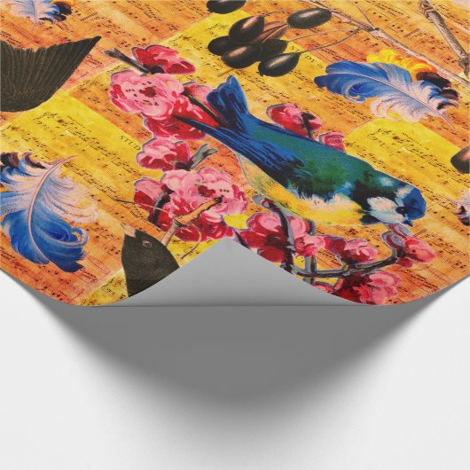 FRÜHZEITIGE VÖGEL,FÜHLER,OBST-Musiknoten gelb Geschenkpapier (Ecke)