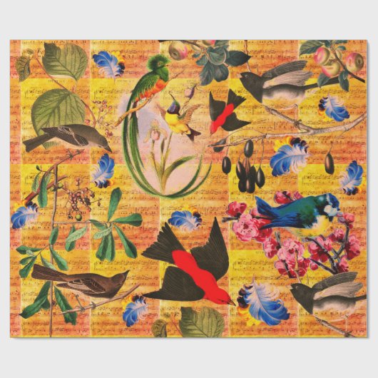 FRÜHZEITIGE VÖGEL,FÜHLER,OBST-Musiknoten gelb Geschenkpapier (Flach)