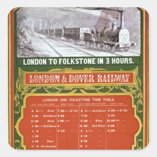 Frühzeitiger Zeitplan für die Strecke London-Dover Quadratischer Aufkleber (Vorderseite)