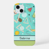 Fruit Memphis Pattern Aqua iPhone 15 Hülle (Rückseite)