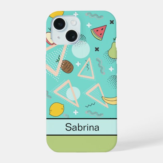 Fruit Memphis Pattern Aqua iPhone 15 Hülle (Rückseite)