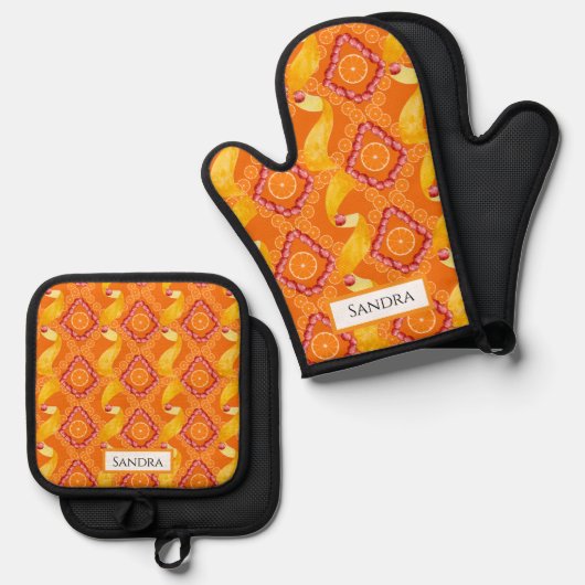 Fruits and Zest Orange Personalized Ofenhandschuh & Topflappen-Set (Vorderseite/Rückseite)