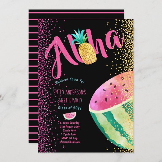 Fruity Tropical Sweet 16 Invites Melon ALOHA Einladung (Vorne/Hinten)