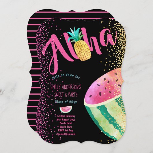 Fruity Tropical Sweet 16 Invites Melon ALOHA Einladung (Vorne/Hinten)