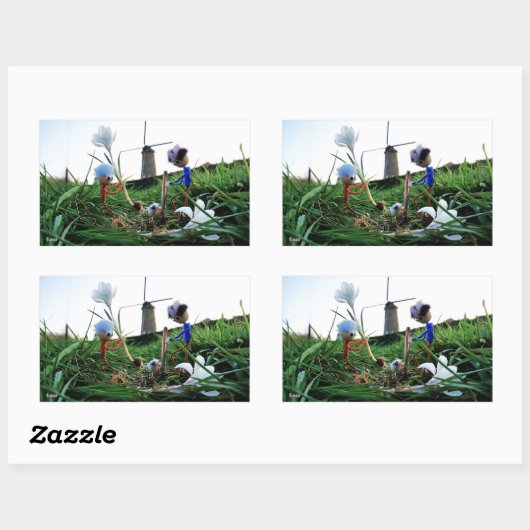 Fubby's bij een molen planten een krokus bol. rechteckiger aufkleber (Blatt)