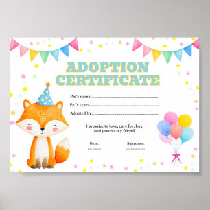 Fuchs adoptiert ein Haustier-Zertifikat editierbar Poster
