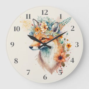 Fuchs-Blumen-Krone-Wasserfarbe          Große Wanduhr