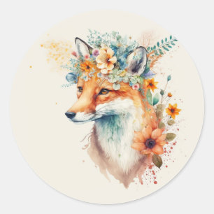 Fuchs Blumenkrone Wasserfarbe         Runder Aufkleber