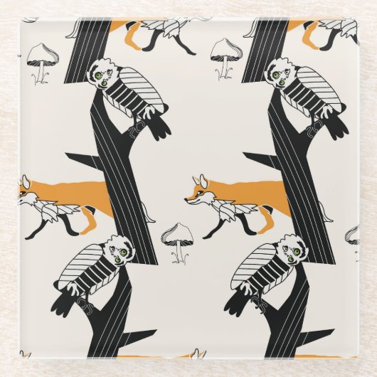 Fuchs, Eule, Baum, Vintag nahtlos. Glasuntersetzer (Vorderseite)